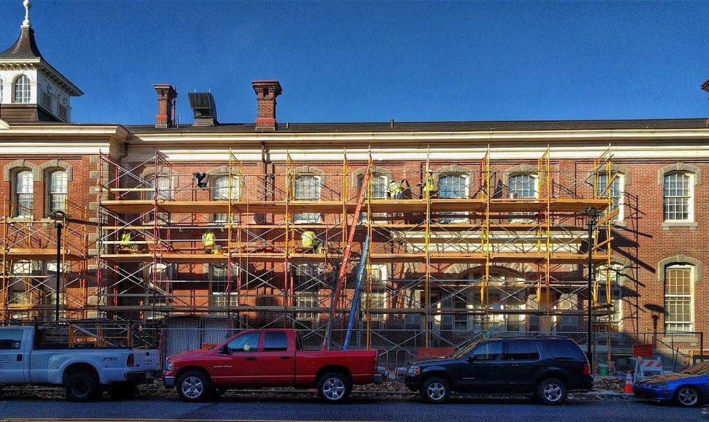 Brick restoration on historic building 1 in the Philadelphia Navy Yard
